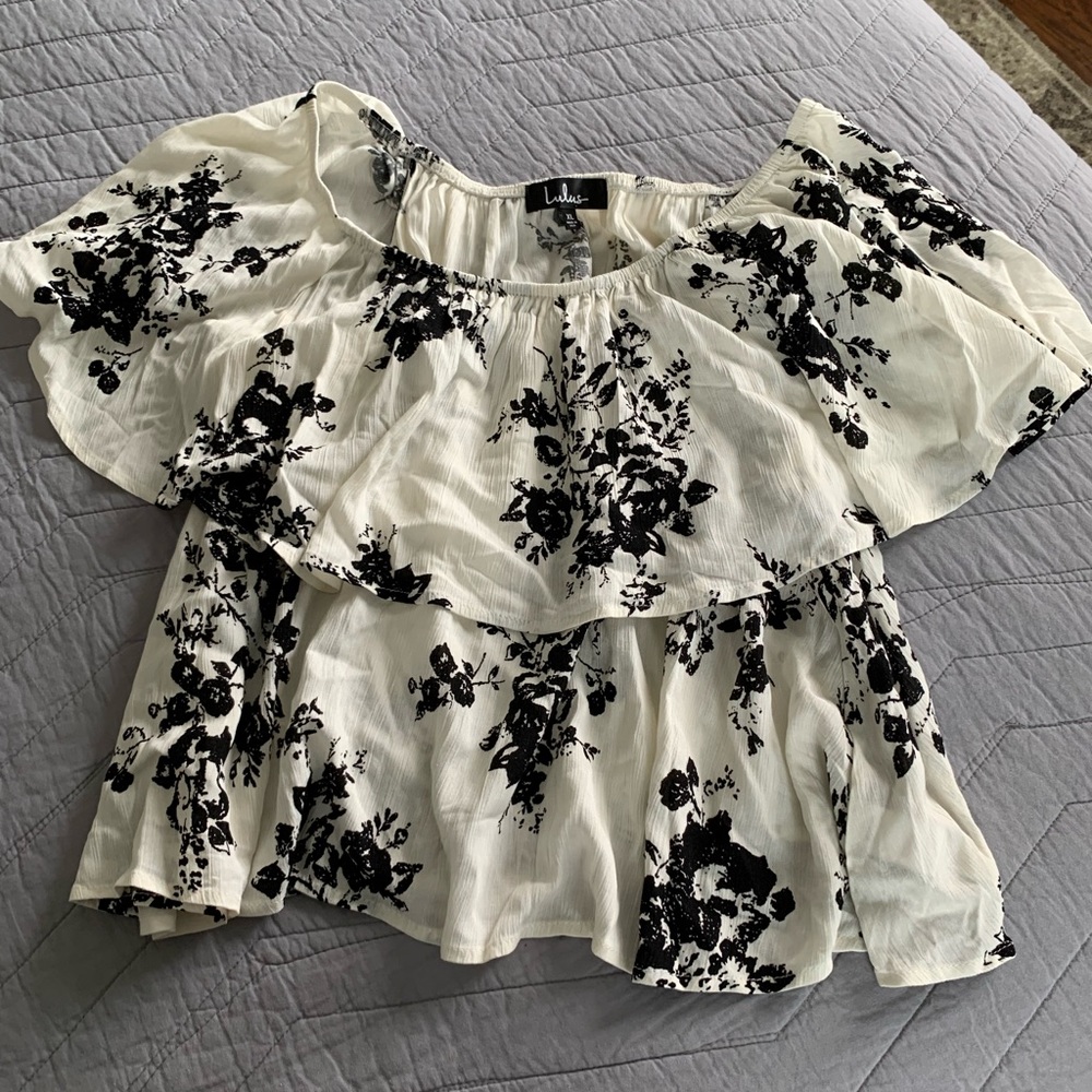Trendy black and cream, off the shoulder top
